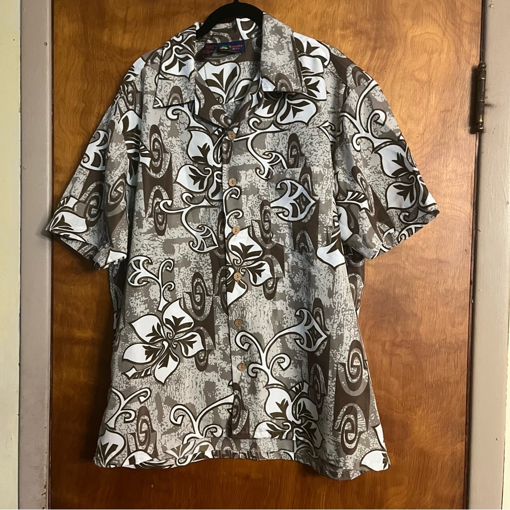 Roundy Bay  Hawaiian Camp Shirt Mens XLarge Taupe White Tiki